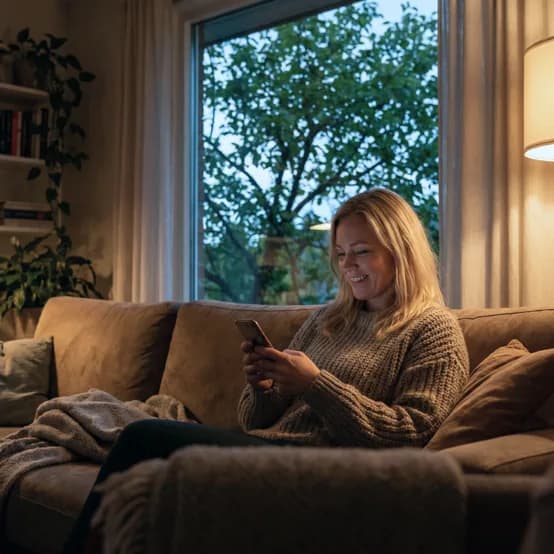 Kvinne sitter i sofaen og sammenligner forsikringer på mobilen